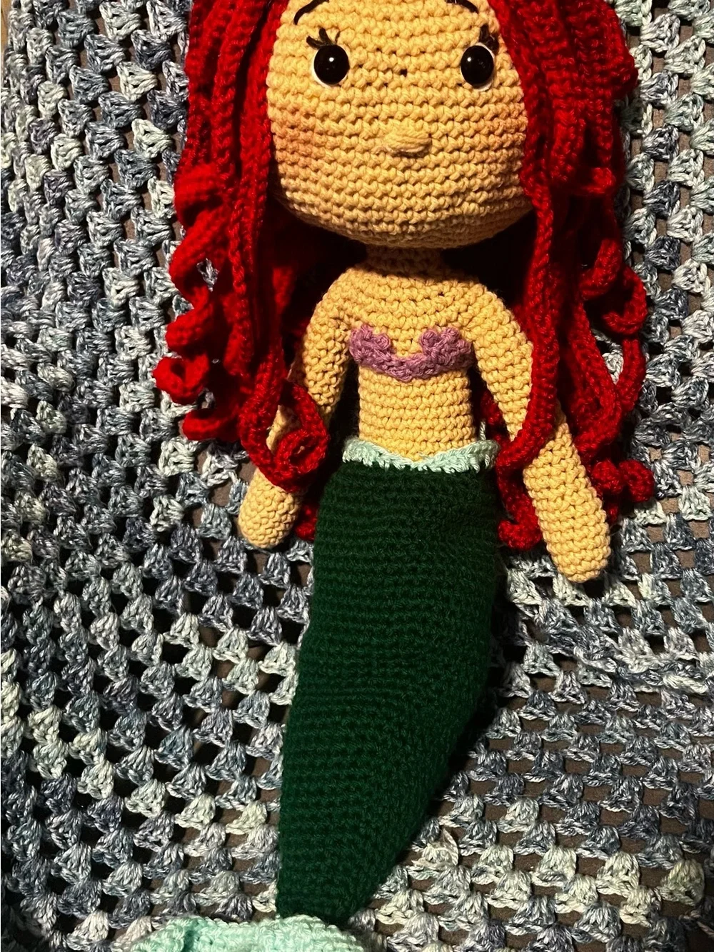 Handmade Mermaid Crochet Doll with Red Hair and Green Tail